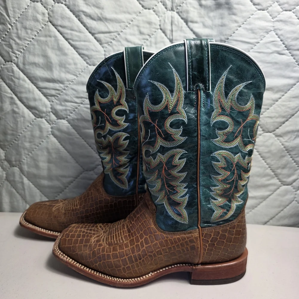 Nocona Womens Green and Brown Leather Pull On Cowgirl Boots Size 8B - Picture 1 of 10